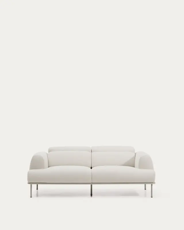 2-Sitzer-Sofa Aurum aus ecrufarbener Chenille mit verstellbarem Kopfteil und mattbeiger Me