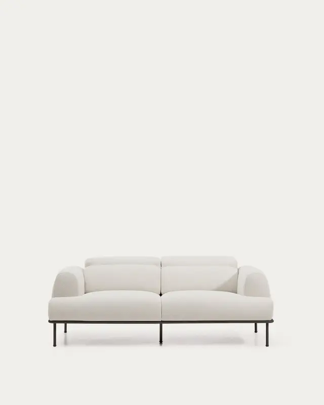 2-Sitzer-Sofa Aurum aus ecrufarbener Chenille mit verstellbarem Kopfteil und mattgrauer Me
