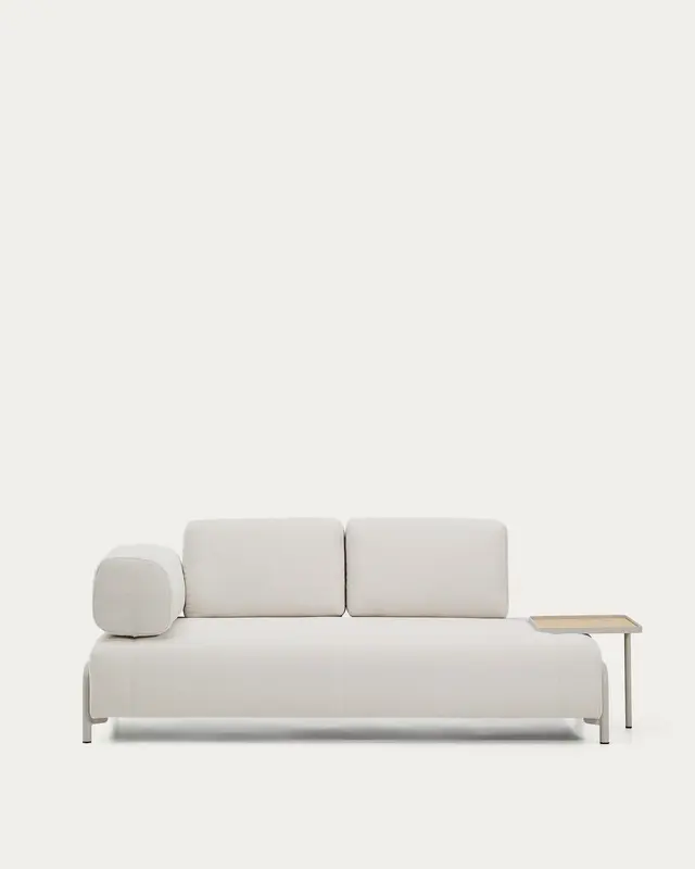 2-Sitzer-Sofa Compo aus Chenille in Ecru, grosses Tablett mit Eichenfurnier und beiges Meta