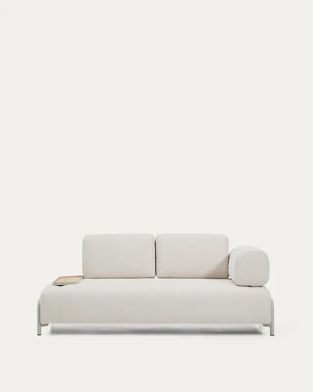 2-Sitzer-Sofa Compo aus Chenille in Ecru, kleines Tablett mit Eichenfurnier und beiges Met