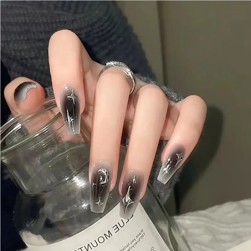 24er Set Schwarz-Silber Sternen Nägel