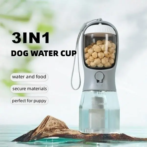 3-in-1 Pet-Flasche mit Wasser, Futter & Müllbeutel