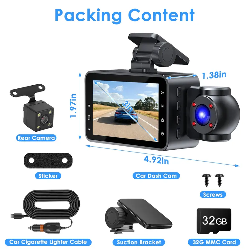 3-Kanal-Dashcam mit 1080p und Nachtsicht