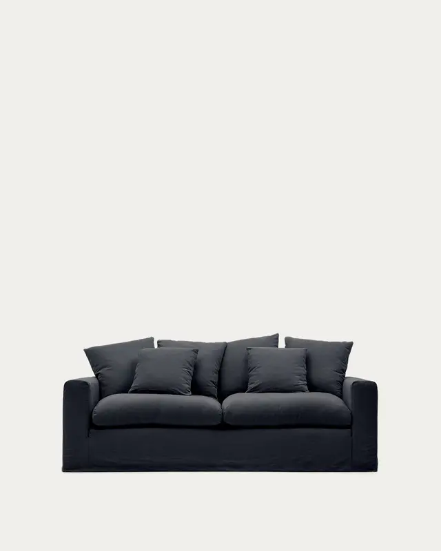 3-Sitzer-Sofa Nora mit abnehmbarem Bezug und Kissen aus Leinen und Baumwolle in Anthrazitg