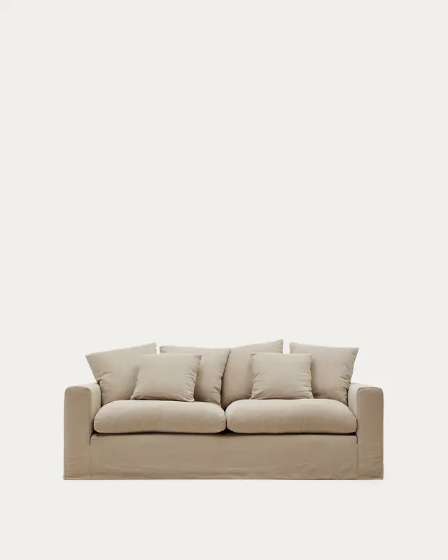 3-Sitzer-Sofa Nora mit abnehmbarem Bezug und Kissen aus Leinen und Baumwolle in Taupe 240
