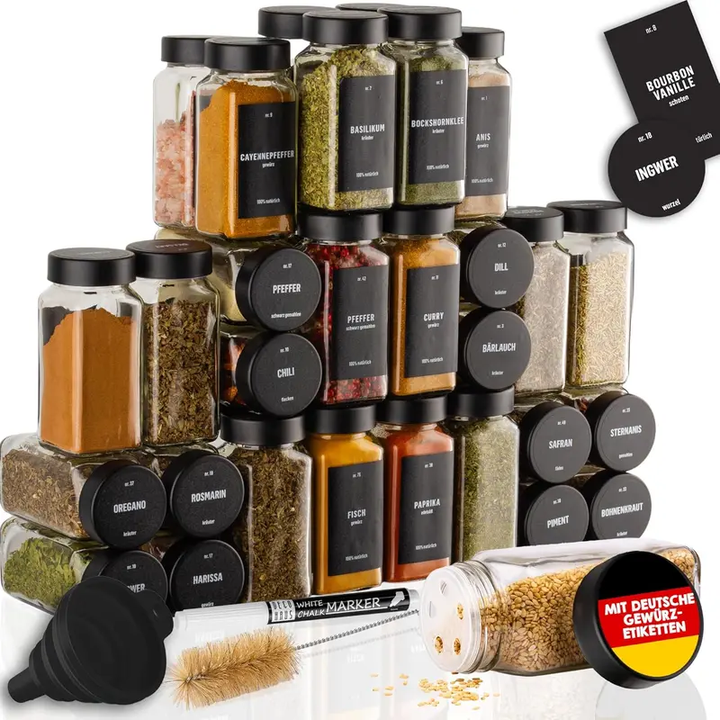 36er-Set Gewürzgläser mit 280 Etiketten, Stift, Reinigungsbürste & Trichter, 36er Set - Schwarz deckel