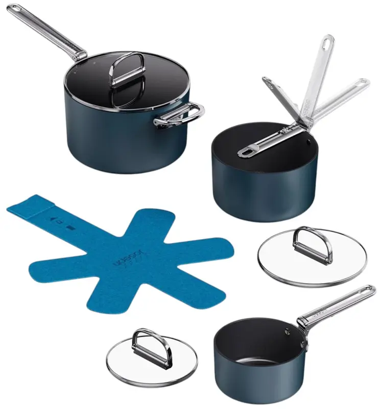3er Set Space Stielkasserolle 15+19+23cm +2x Pfannenschutz