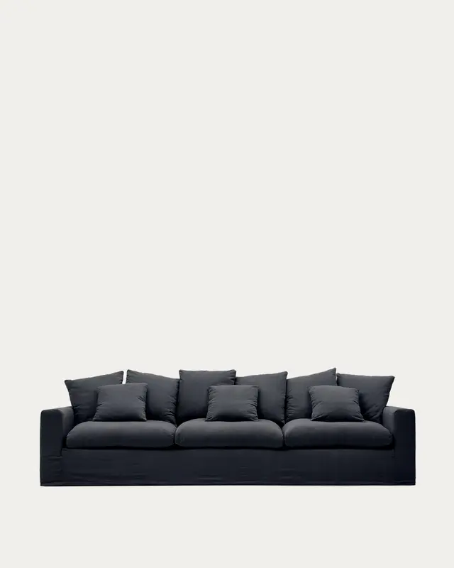 4-Sitzer Sofa Nora mit abnehmbarem Bezug und Kissen aus Leinen und Baumwolle in Anthrazitg