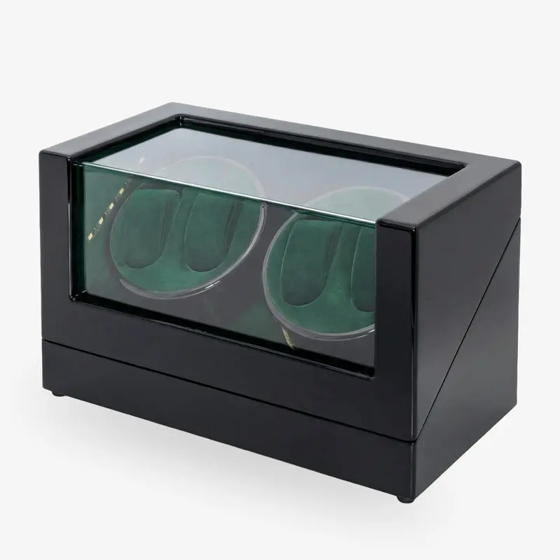 4er Uhrenbeweger «Kubus» 2/4 Piano Black / Samt Olivegrün LED