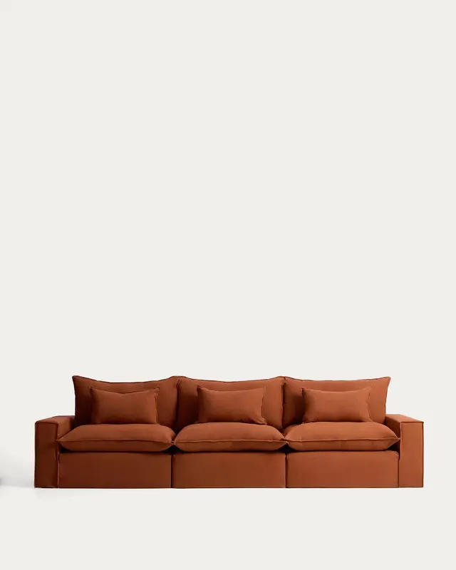5-Sitzer-Modularsofa Anarela mit abnehmbarem Bezug aus Leinen in Terrakotta, 370 cm, FSC Mix Credit