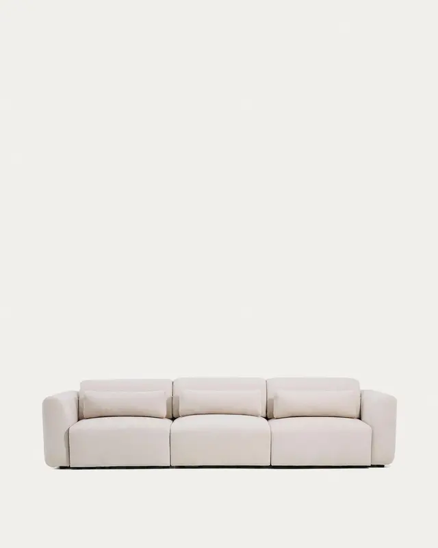 5-Sitzer-Sofa Lares mit elektrisch ausfahrbaren Sitzen und verstellbarer Kopfstütze in beiger Chenille, 335 cm