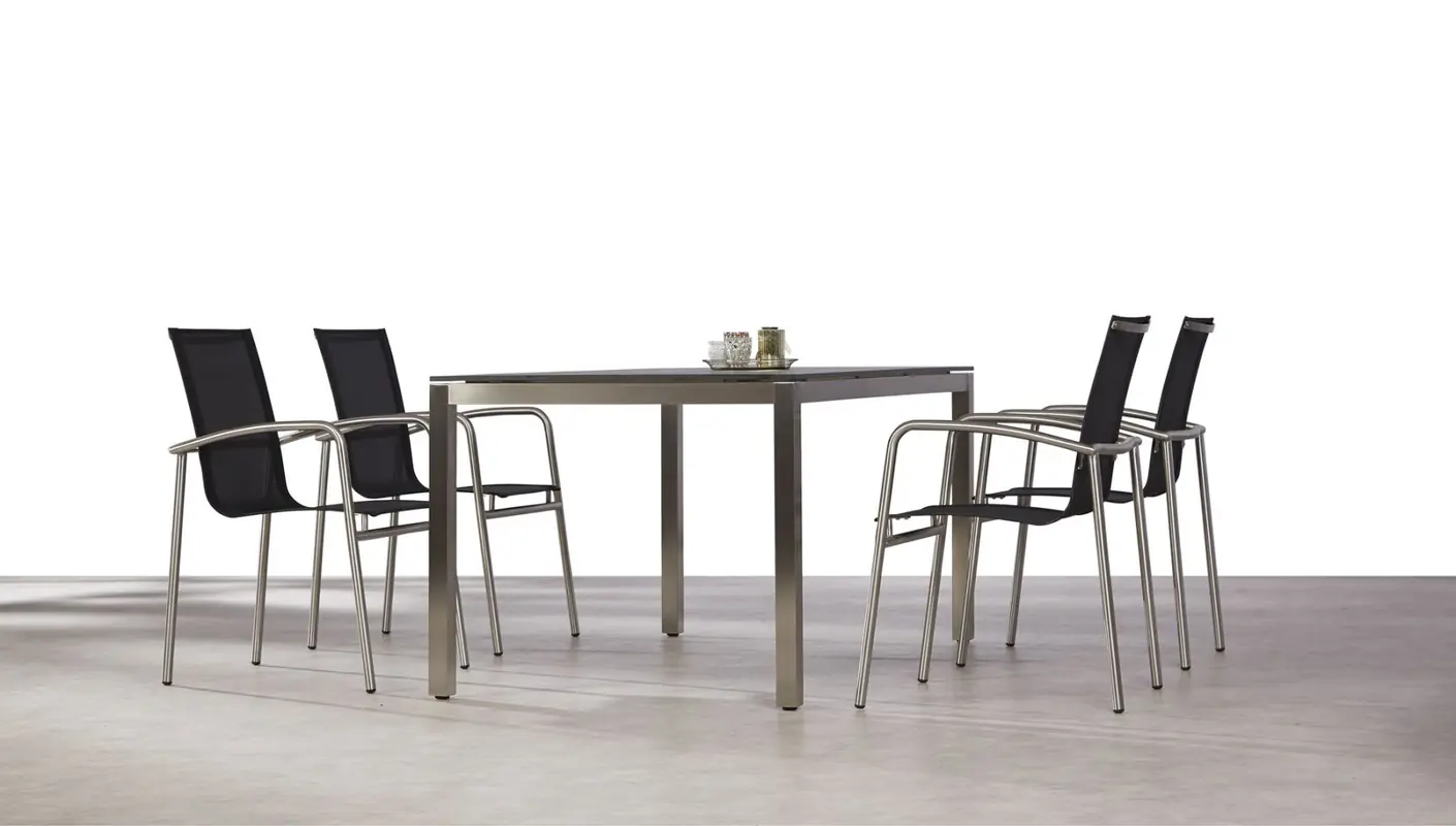 5-Teiliges Gartentisch Set mit Stühlen Khartum + Marbella aus Edelstahl und Ergotex-Gewebe - Edelstahl/schwarz