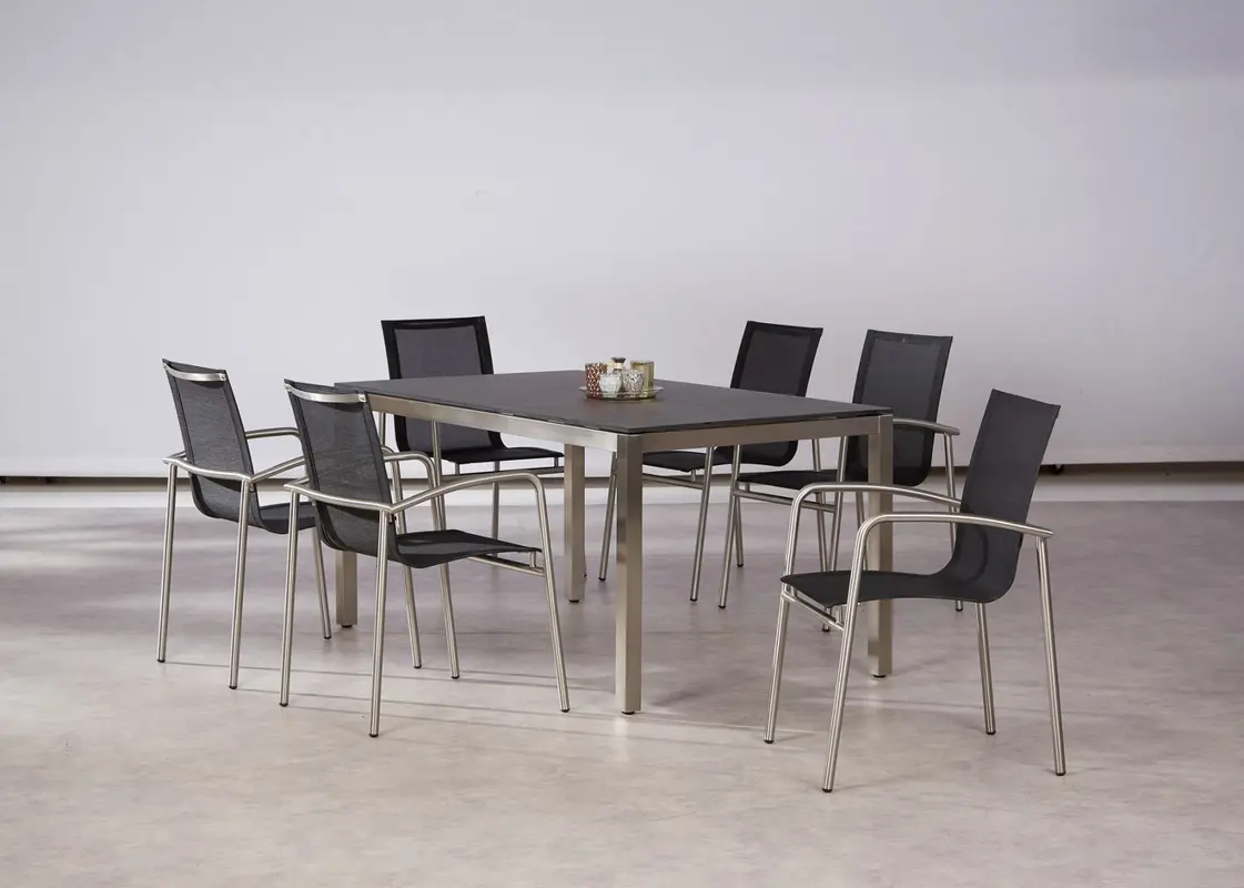 7-Teiliges Gartentisch Set mit Stühlen Khartum + Marbella aus Edelstahl & Ergotex-Gewebe, Tisch 160x90cm - Edelstahl/schwarz