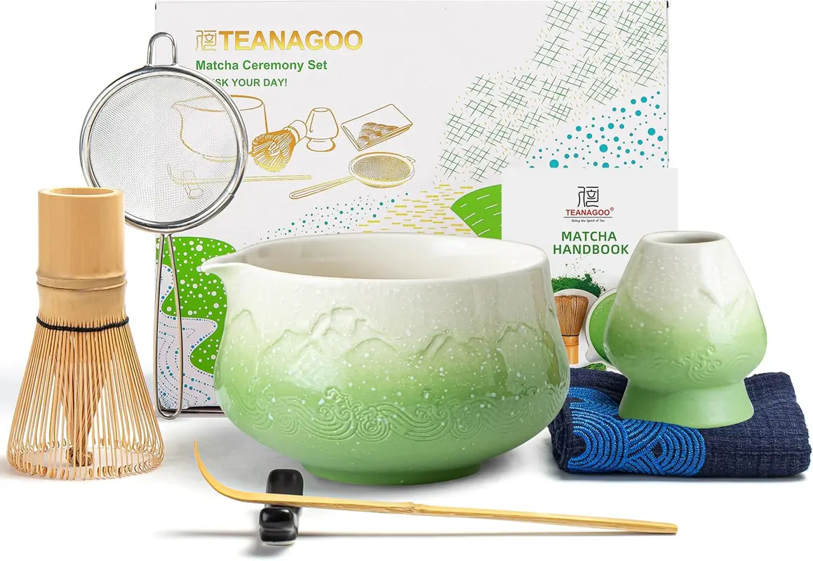 7-teiliges Matcha Tee-Set, 7Stück/Set, Schüssel mit Ausgießer Farbverlauf Grün