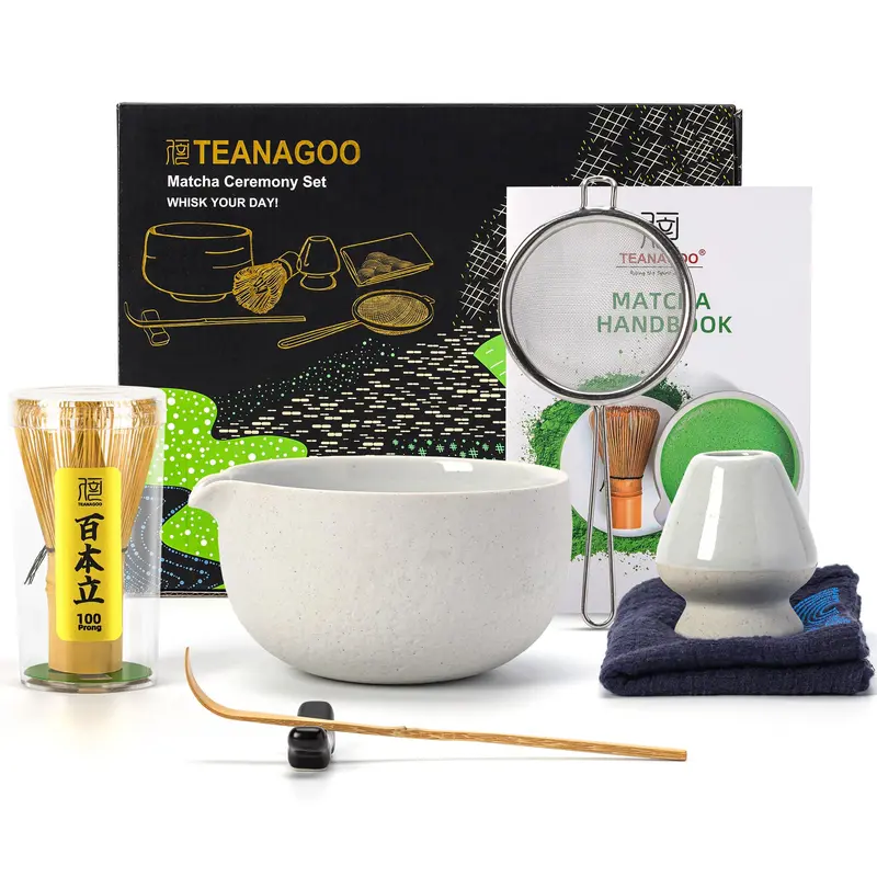 7-teiliges Matcha Tee-Set mit Schale und Besen, 7Stück/Set, Schüssel mit Ausgiesser Grau-lt.