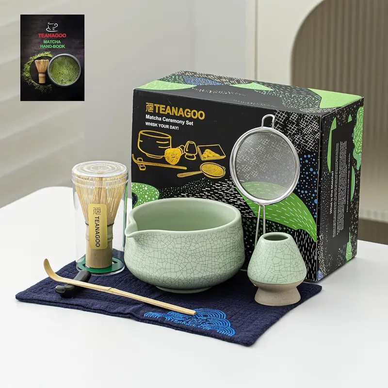 7-teiliges Matcha Teezeremonie-Set, Hellgrün mit Schwarzer Naht