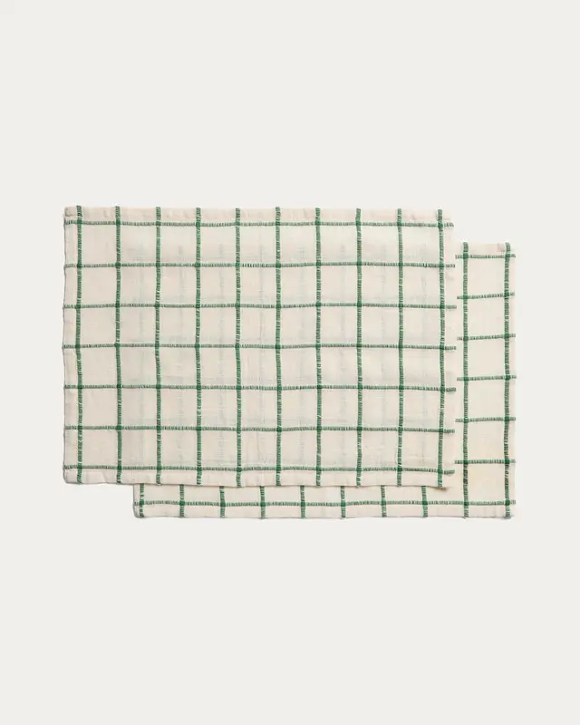 Adesta Set mit 2 Tischsets aus 100 % Baumwolle in Écru mit grünen Karos 35 x 50 cm