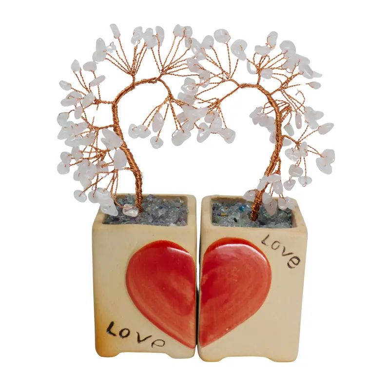Arbre de Pierres Précieuses en Quartz Rose avec Poterie Peinte à la Main - Symbole d'Amour et d'Élégance