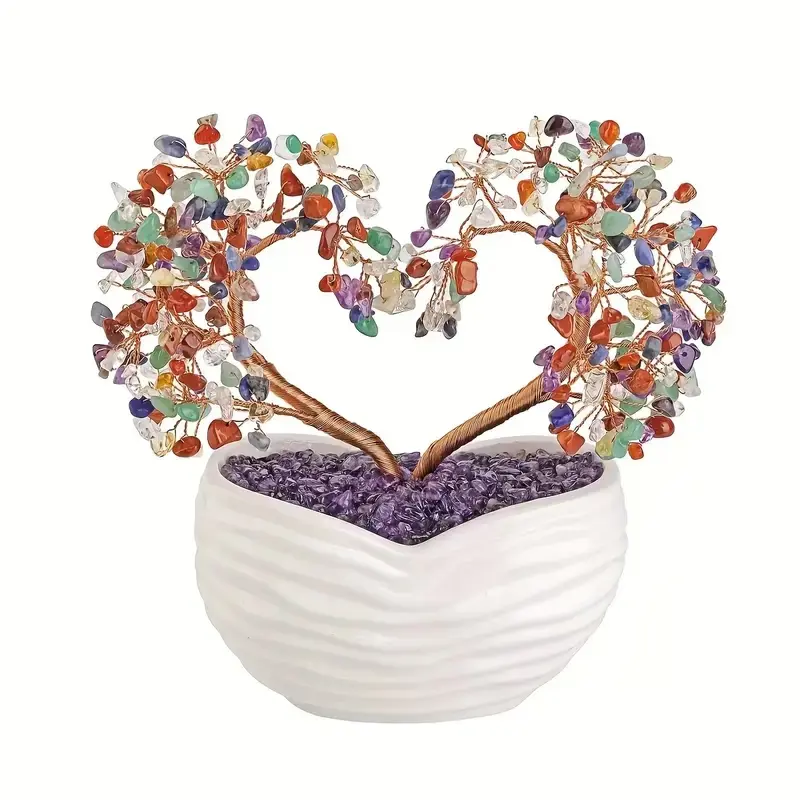 Arbre Décoratif 7 chakras en Forme de Cœur avec Vase en Terre Cuite Blanc - Équilibre et Harmonie Énergétique