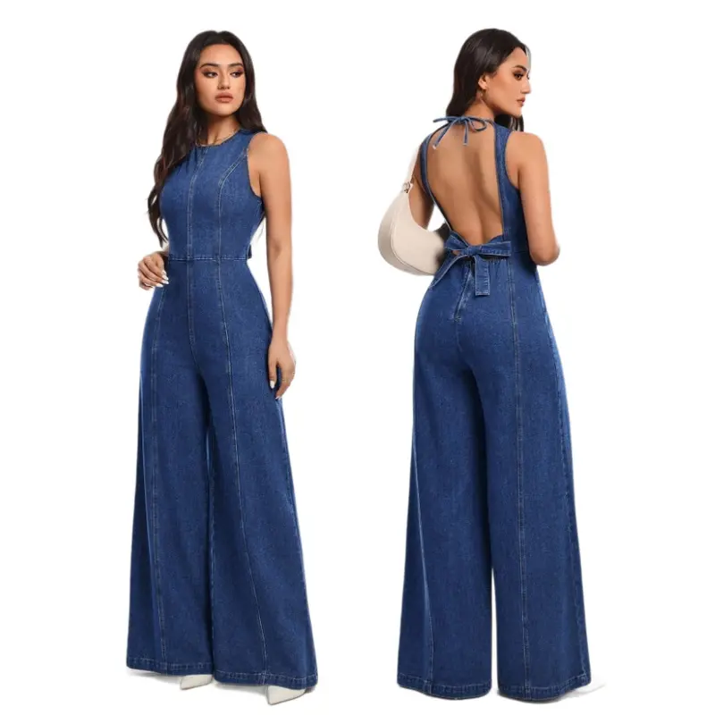 Ärmelloser Denim-Overall mit weitem Bein