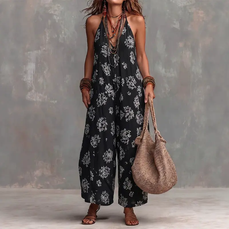 Ärmelloser Jumpsuit mit V-Ausschnitt und Print