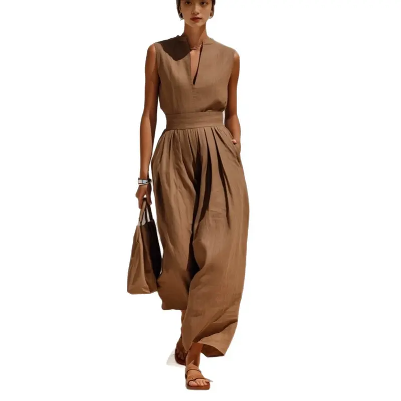 Ärmelloser Jumpsuit mit weitem Bein – S-Dark Brown
