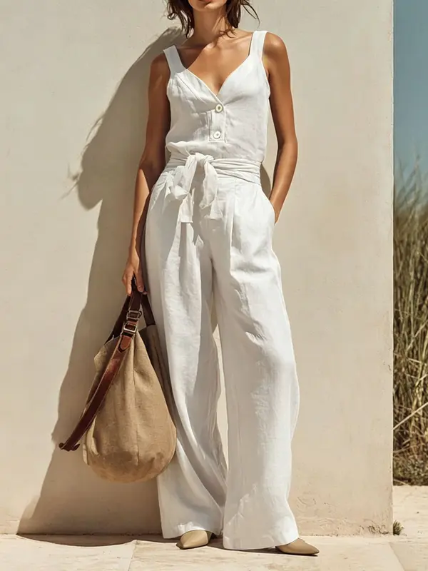 Ärmelloser Jumpsuit mit weitem Bein – XS-White