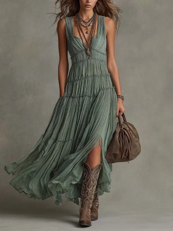 Ärmelloses Plissee-Kleid mit Rundhals