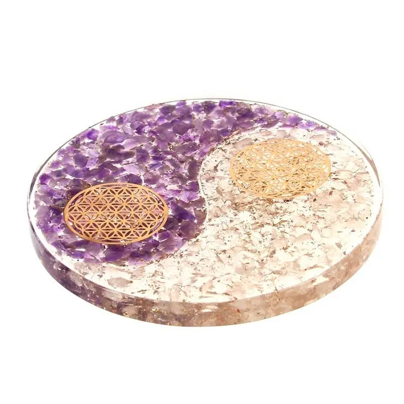 Artisans de Madagascar - Blumenteller Scheibe „Blume des Lebens“ mit Amethyst und Bergkristall, Orgonit