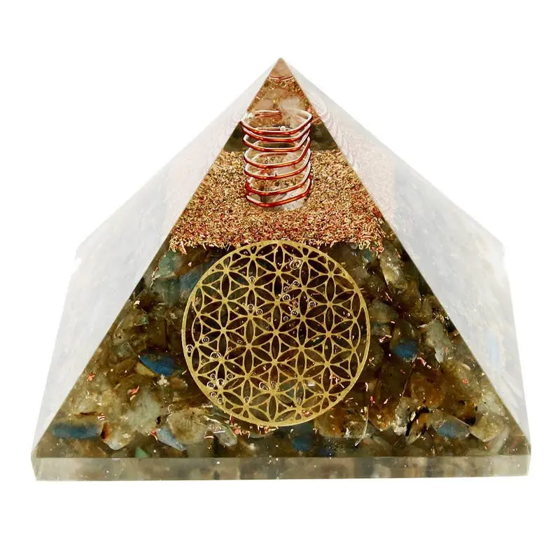 Artisans de Madagascar - Labradorit-Orgonit-Pyramide „Blume des Lebens“ 7,5 cm