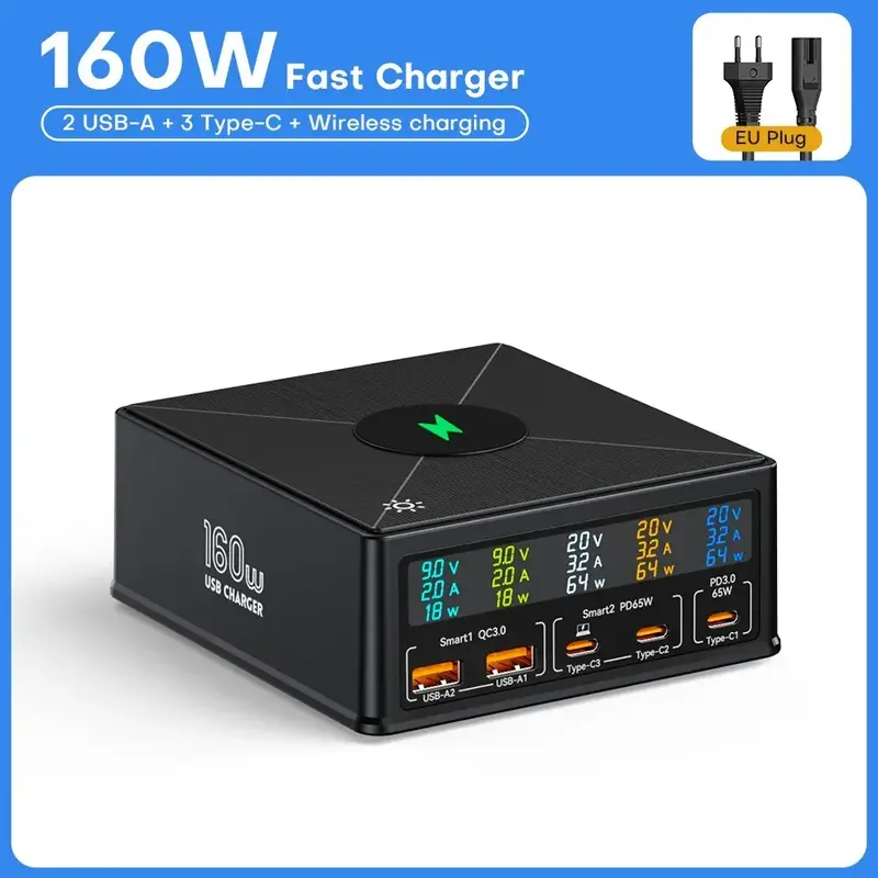 Asometech 160W Desktop USB-Ladestation mit kabellosem Laden