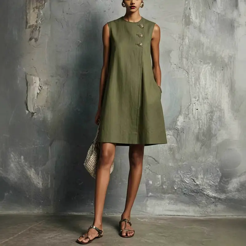 Asymmetrisches Knopfkleid mit seitlichen Taschen