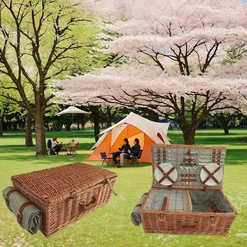 Bambus-Picknick-Set 4 Personen · Geschirr + Edelstahl-Besteck + Weidekorb