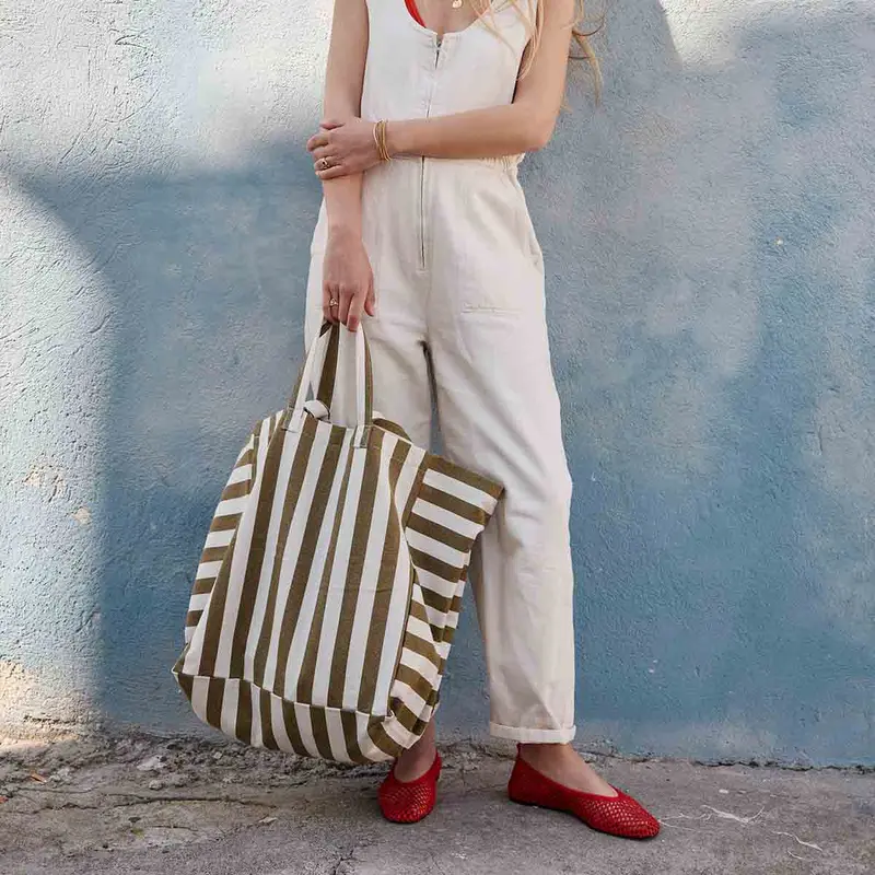 Baumwoll Shopper Olive-Greige Gestreift – Damen Strandtasche & Canvas Tasche