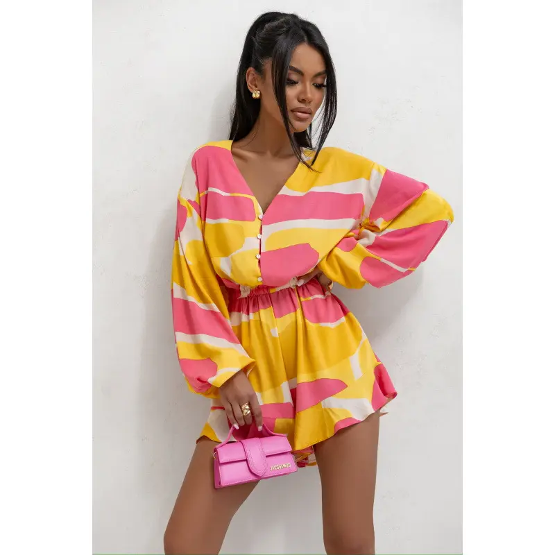 Bedruckter V-Ausschnitt Langarm Jumpsuit