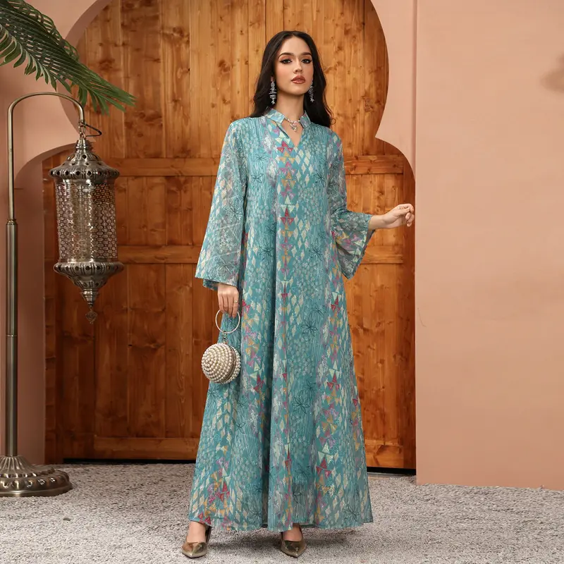 Besticktes Langarm-Freizeitkleid mit Print