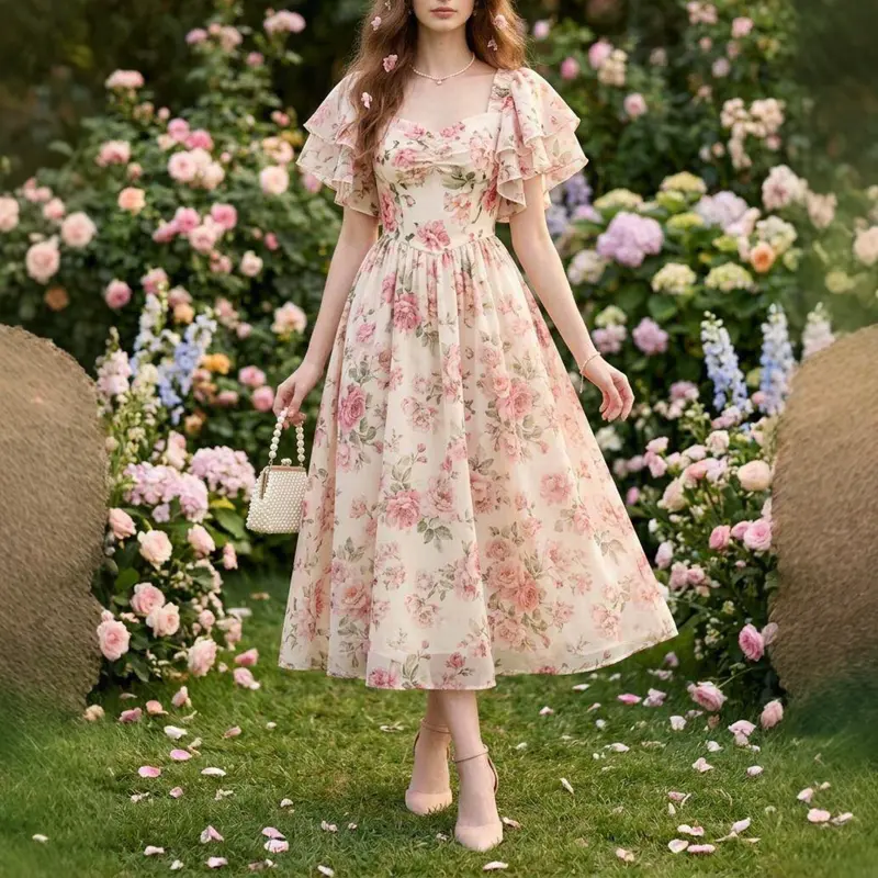 Blumenprint-Midi mit Volantsärmeln und A-Silhouette