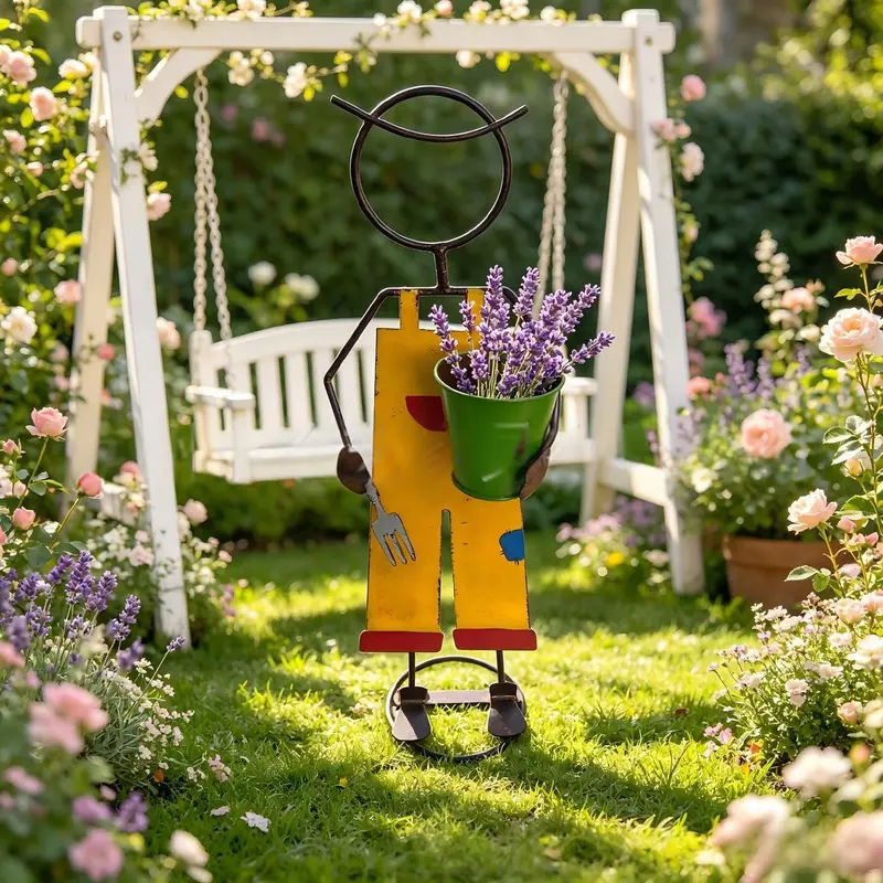 Blumentopf-Figur aus bemaltem Schmiedeeisen