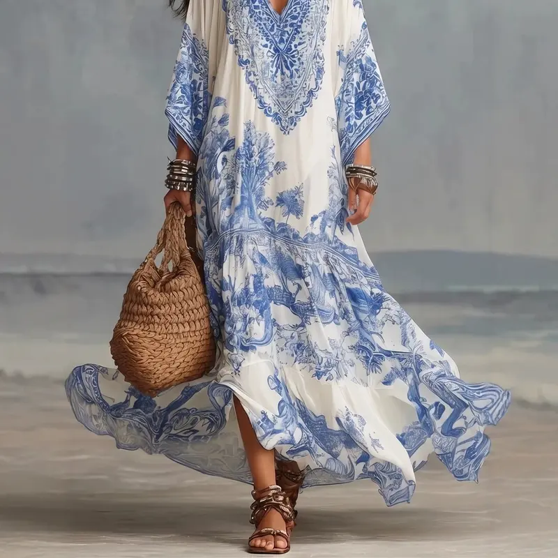 Boho Maxi-Kleid mit V-Ausschnitt und Fledermausärmeln