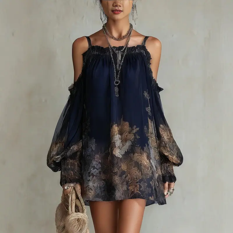 Boho-Minikleid mit Print und Volants