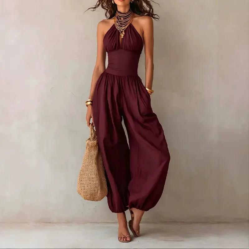 Boho Neckholder Jumpsuit mit weitem Bein