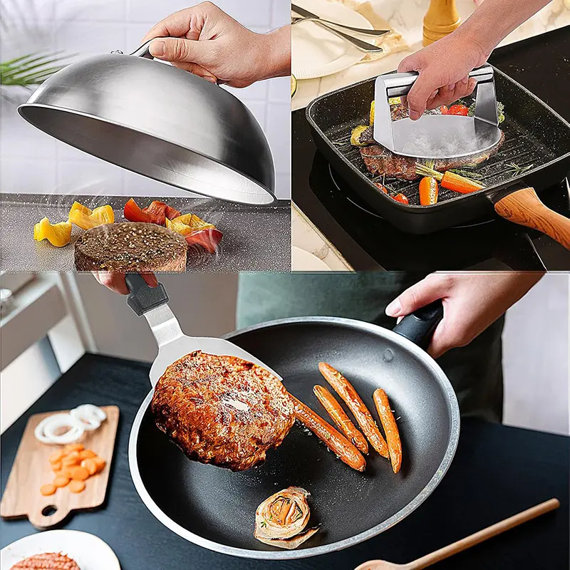 Burger-Smasher & Grill-Helfer-Set · Edelstahl (Patty-Presse, Wender & Haube)