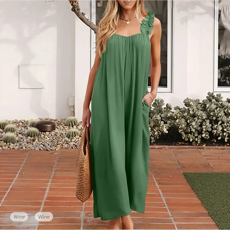 Casual Resort Jumpsuit mit weitem Bein – S-Brick Red