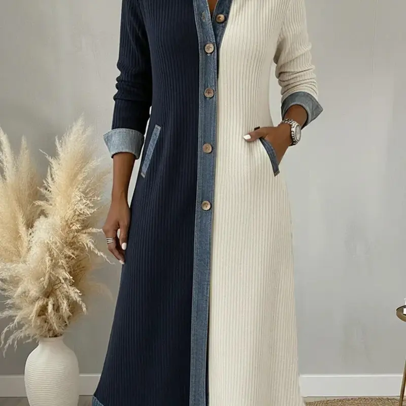 Colorblock Denim-Cardigan Maxikleid