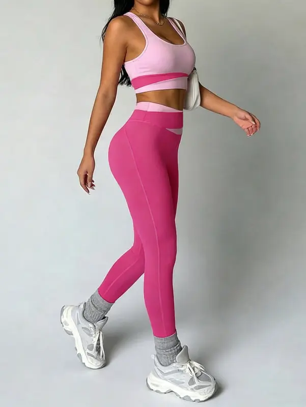 Colorblock Weste & High-Waist Yoga-Hose Set