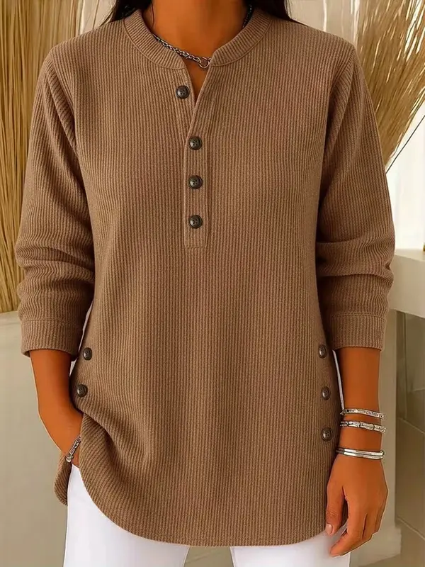 Corduroy V-Neck Langarmshirt mit Knöpfen