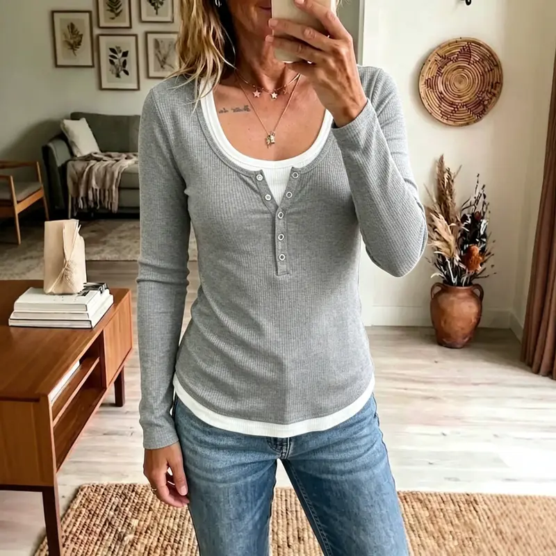Damen Colorblock Langarm-Shirt mit Slim Fit – 2-Tonig