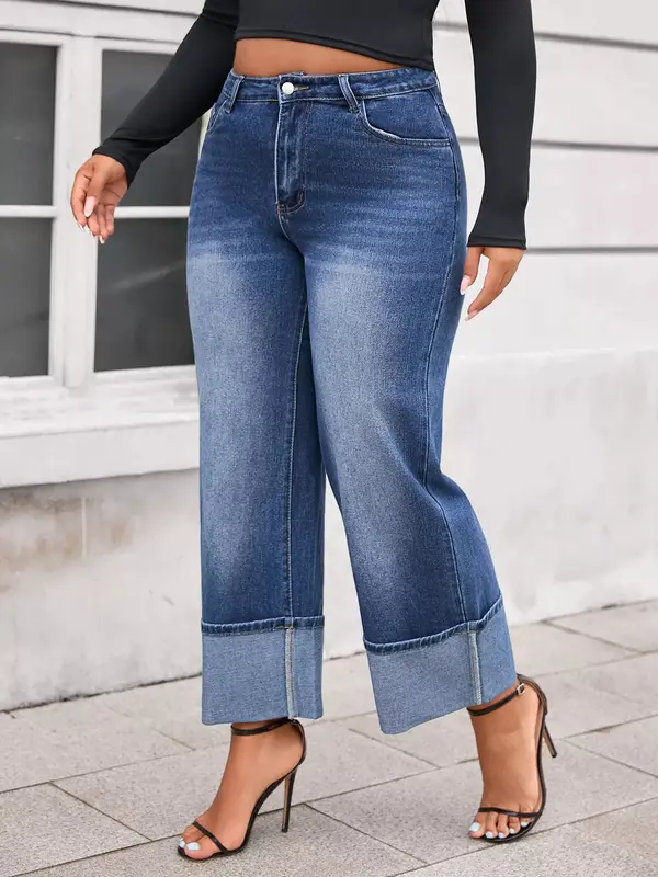 Damen Cuff Washed Wide-Leg Crop-Jeans