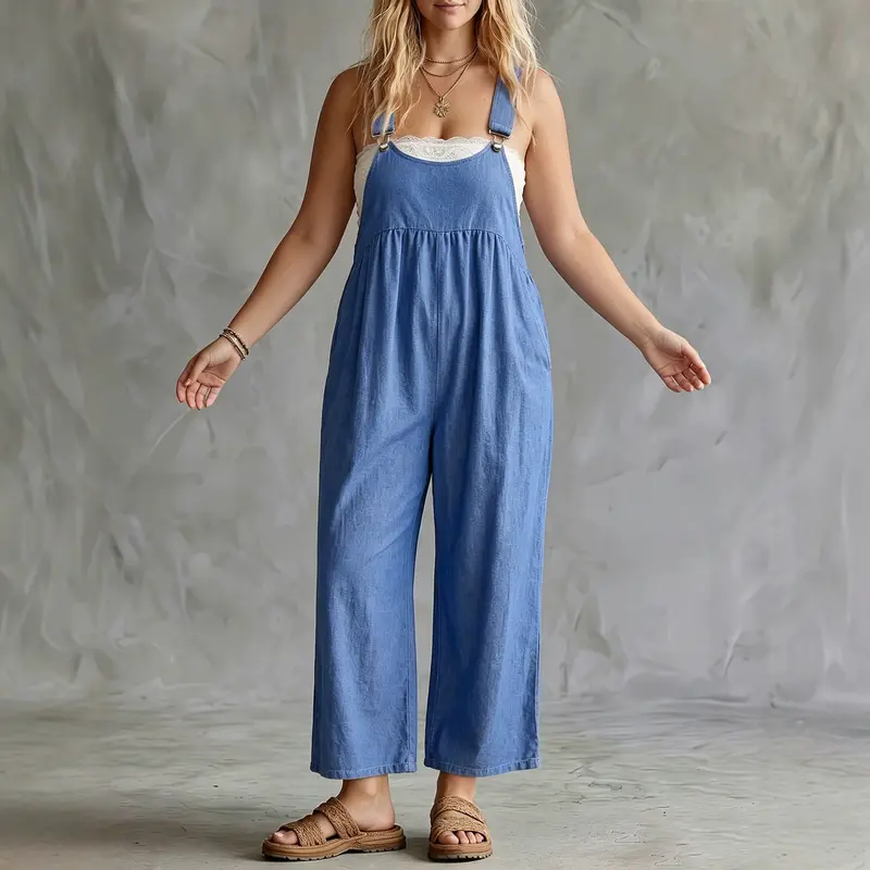 Damen Jumpsuit mit weitem Bein – Blue-0XL