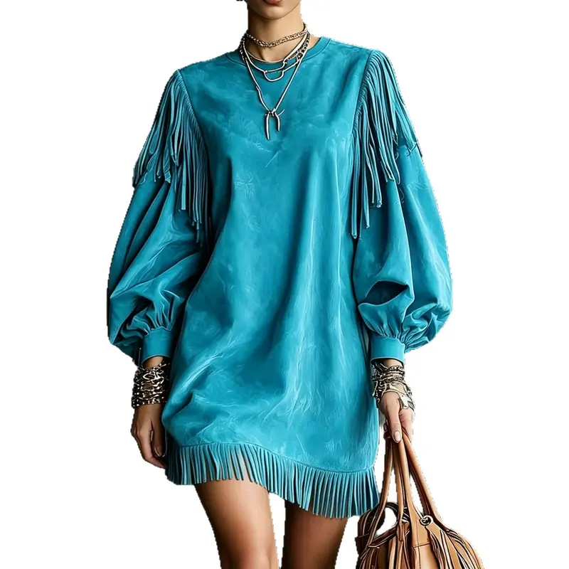 Damen Kurzarmkleid mit Lanternenärmeln und Fransen